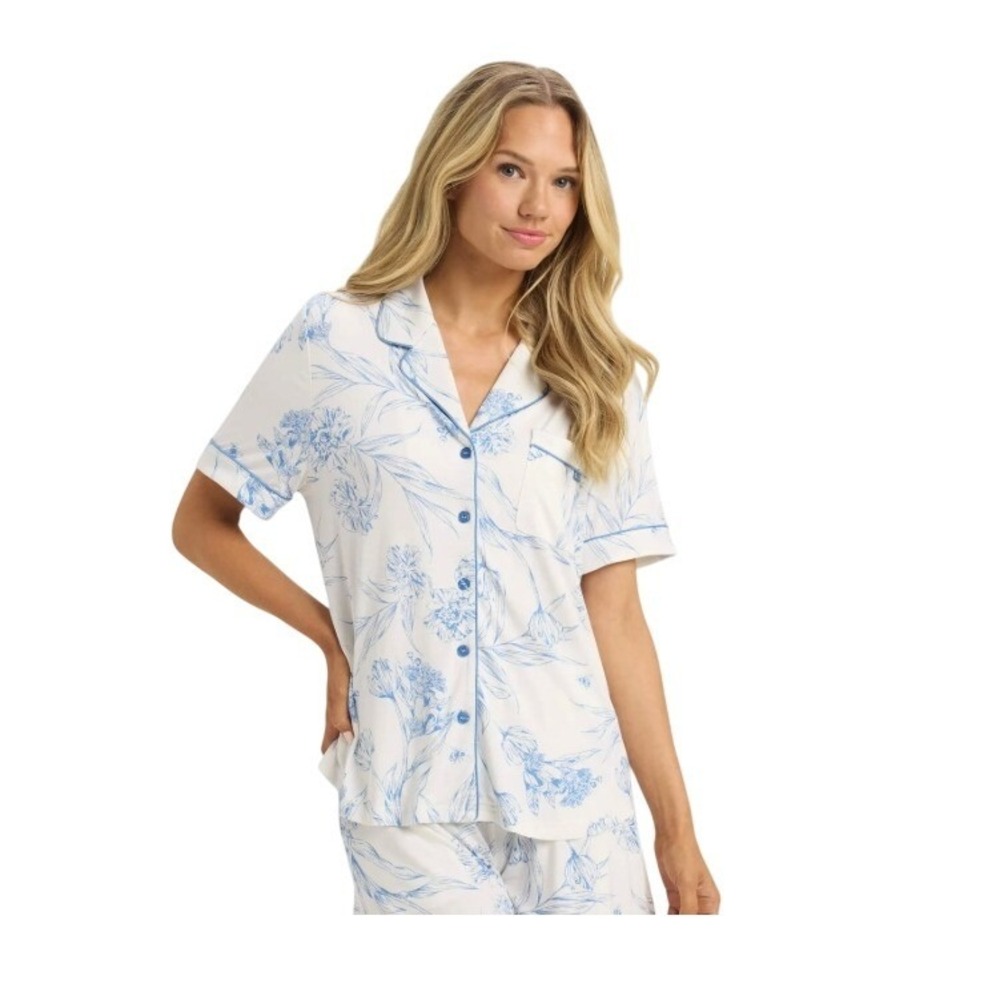 Cozy Earth Bamboo Stretch-Knit Short Sleeve Pajama Top Garden Toile Sea Salt S